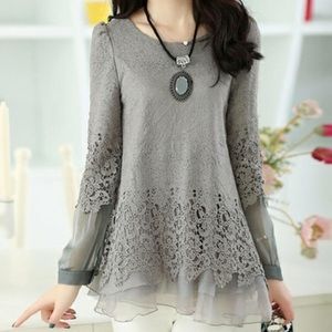 Gray lace and organza detailed blouse